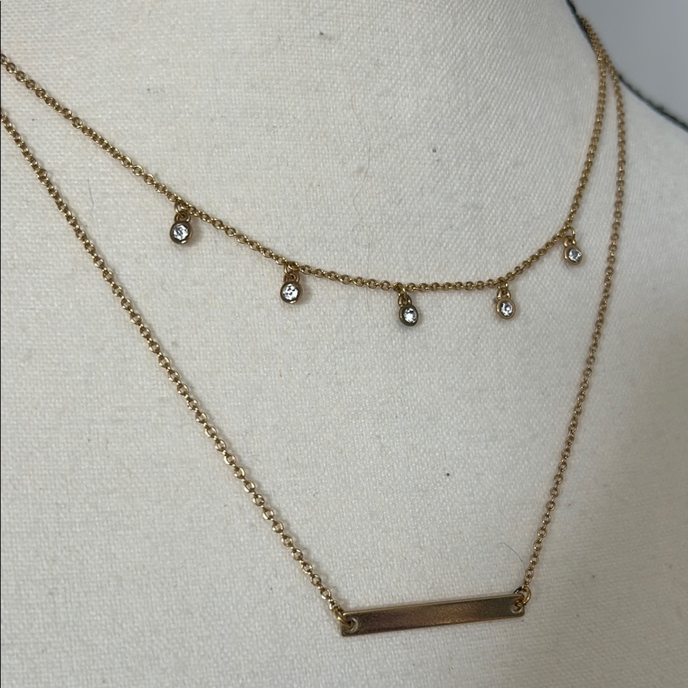 Fosterie Gold Plated Layered Necklace with Rhinestone Charms and Bar Design - Picture 2 of 3